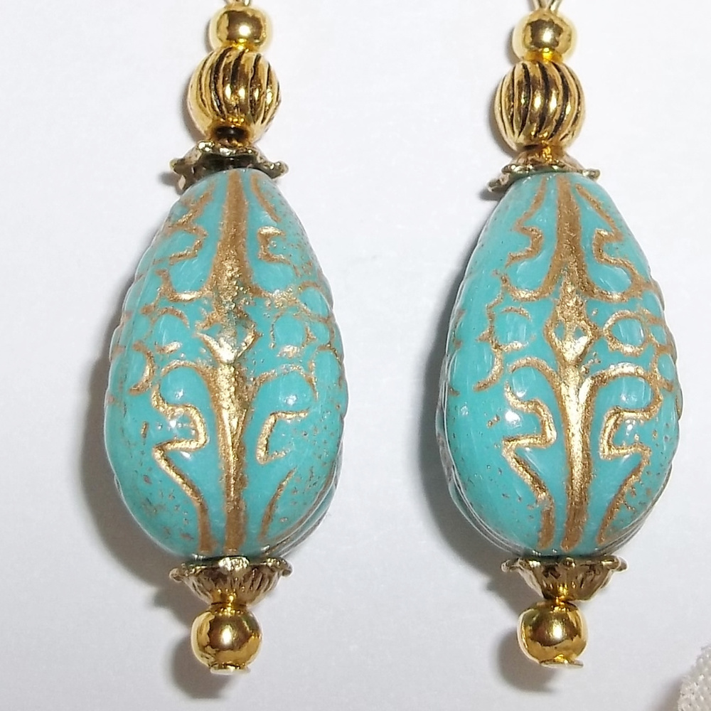 Earrings, Turquoise Earrings, Turquoise Blue and Gold Earrings, Earring Set 7768 - Picture 7 of 10